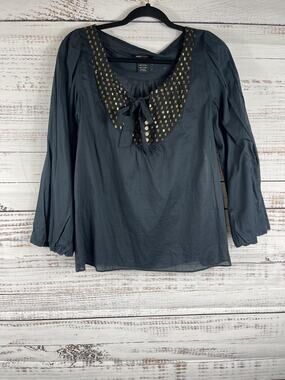 BCBGMAXAZRIA Blouse Women's SZ Medium Gray Dot Scoop Neck Long Sleeve Tunic Top